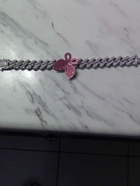 Women's Silver Bracelet with Pink Butterfly Accent
